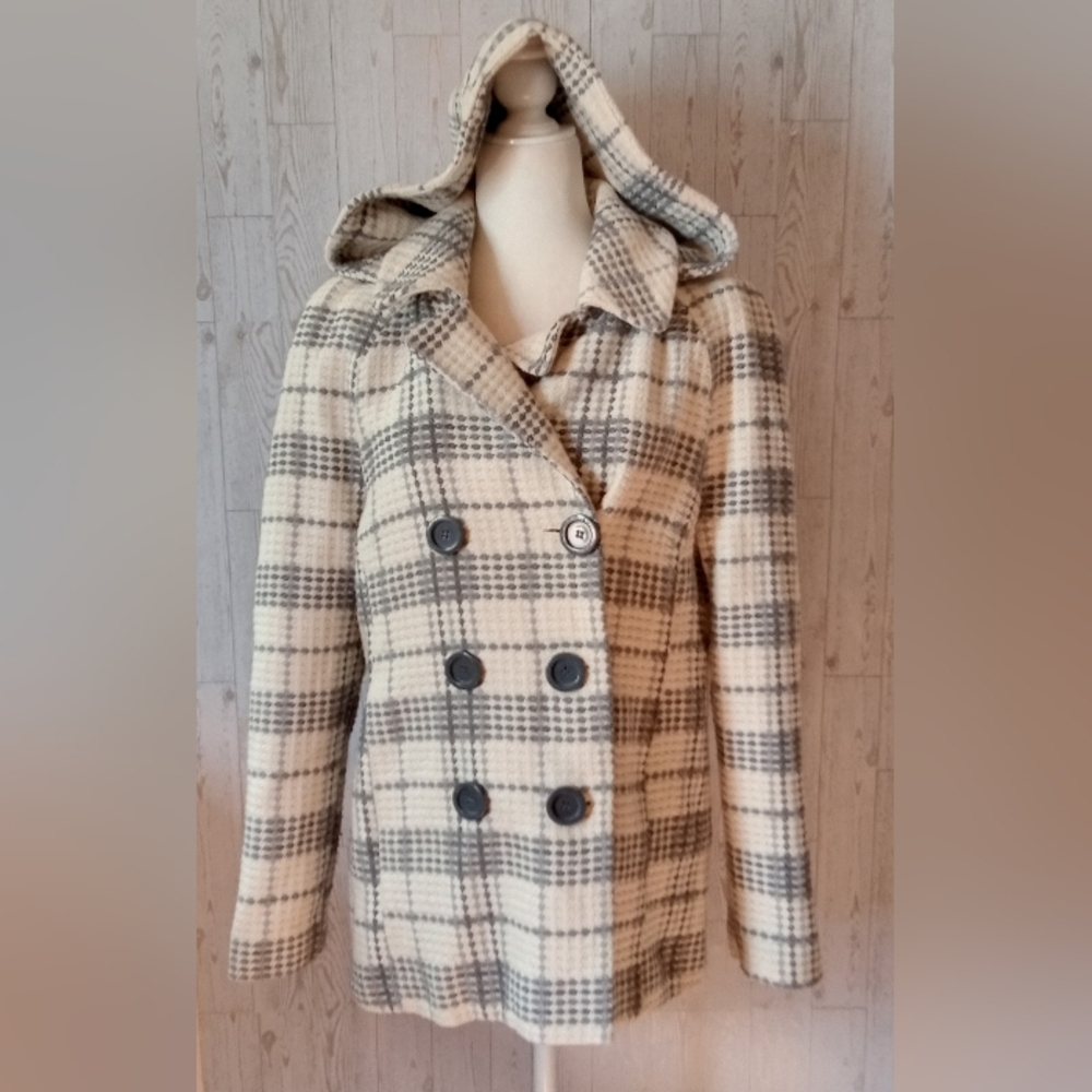 Me Jane Plaid Double-Breasted Removable Hooded Coat Size XL